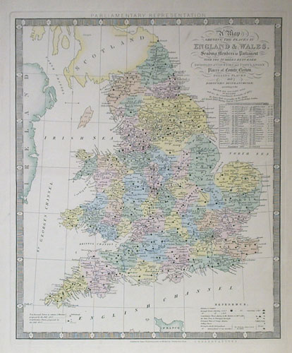 * Antique Map of England & Wales Divided in Counties. Parliamentary representation ..Conservatives