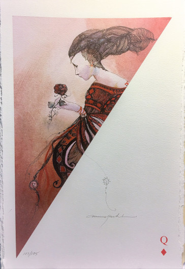 Playing cards - Queen of Diamonds with original pencil drawing remarque